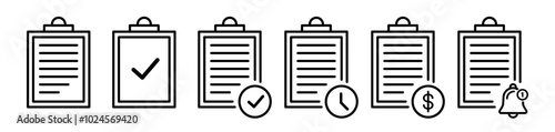 Clipboard icon set. Checklist with file document. Outline clip board paper test  with checkmark. Notepad symbol. Vector illustration.