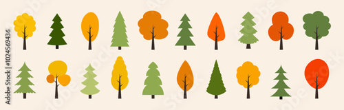 Orange tree vector icon set. Autumn wood with watercolor leaf natural collection in flat style. Trees simple different logo design elements. 

