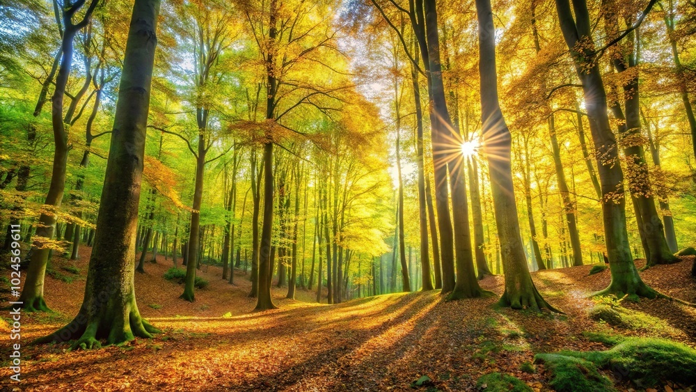 Sunny autumn forest scenery with trees at a tilted angle