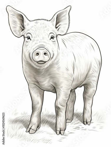 A Detailed Line Drawing of a Pig Standing on Grass