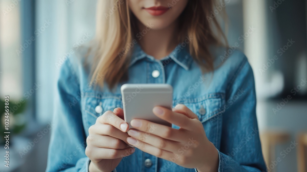A young woman holding a smartphone, using it with both hands. The focus is on her hands A young woman holding a smartphone, using it with both hands. The focus is on her hands