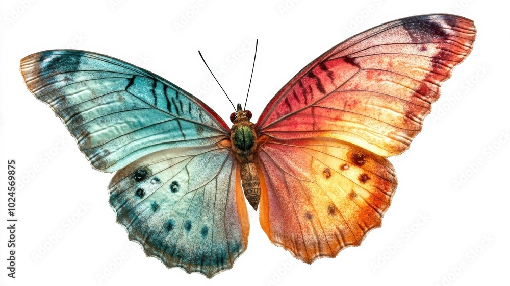 Fototapeta premium A vibrant butterfly with striking blue and orange wings perched gracefully, showcasing nature\'s artistry in vivid colors