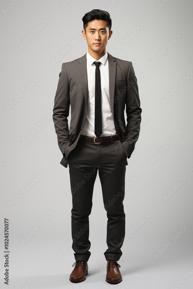 Smiling businessman in a suit standing confidently in a studio, showcasing success and elegance Smiling businessman in a suit standing confidently in a studio, showcasing success and elegance