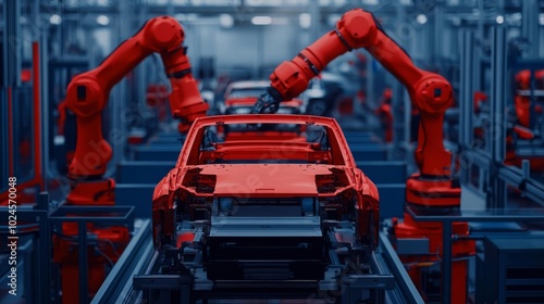 AI-driven vehicle assembly, robotic precision, futuristic car factory