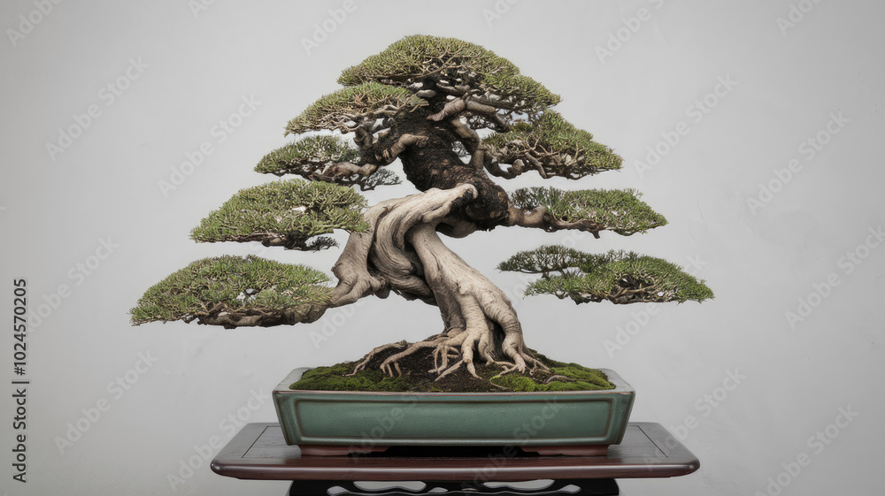 A large bonsai tree is sitting on a wooden table. The tree is very tall and has many branches. The trunk is very thick and the leaves are green. The tree looks very peaceful and calming A large bonsai tree is sitting on a wooden table. The tree is very tall and has many branches. The trunk is very thick and the leaves are green. The tree looks very peaceful and calming