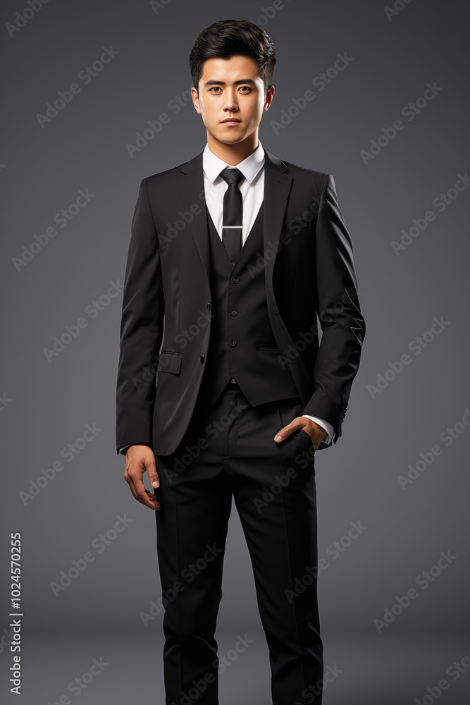 Smiling businessman in a suit standing confidently in a studio, showcasing success and elegance Smiling businessman in a suit standing confidently in a studio, showcasing success and elegance