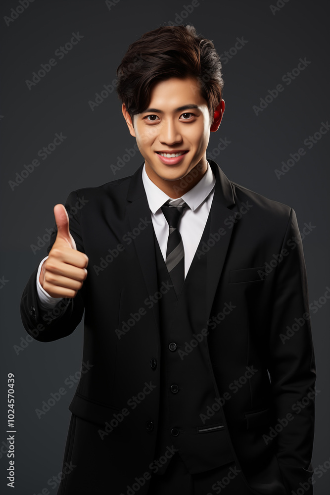 Smiling businessman in a suit standing confidently in a studio, showcasing success and elegance Smiling businessman in a suit standing confidently in a studio, showcasing success and elegance