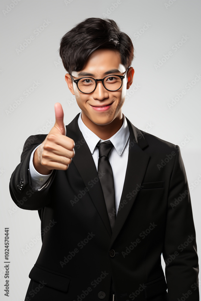 Smiling businessman in a suit standing confidently in a studio, showcasing success and elegance Smiling businessman in a suit standing confidently in a studio, showcasing success and elegance