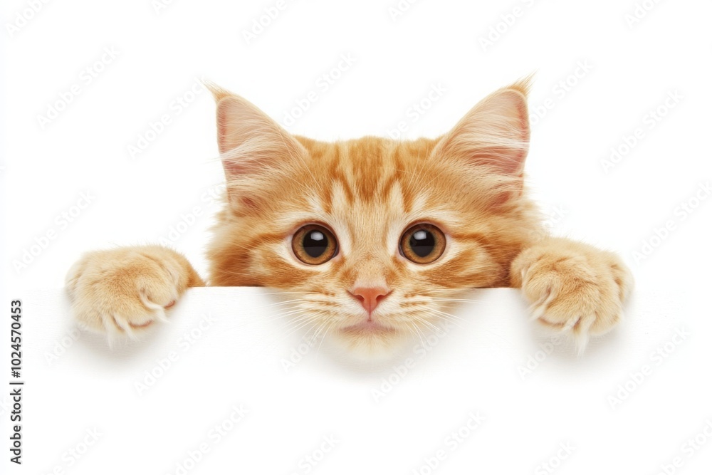 Curious Orange Kitten Peeking Over White Surface Curious Orange Kitten Peeking Over White Surface