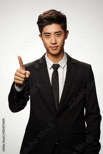 Smiling businessman in a suit standing confidently in a studio, showcasing success and elegance