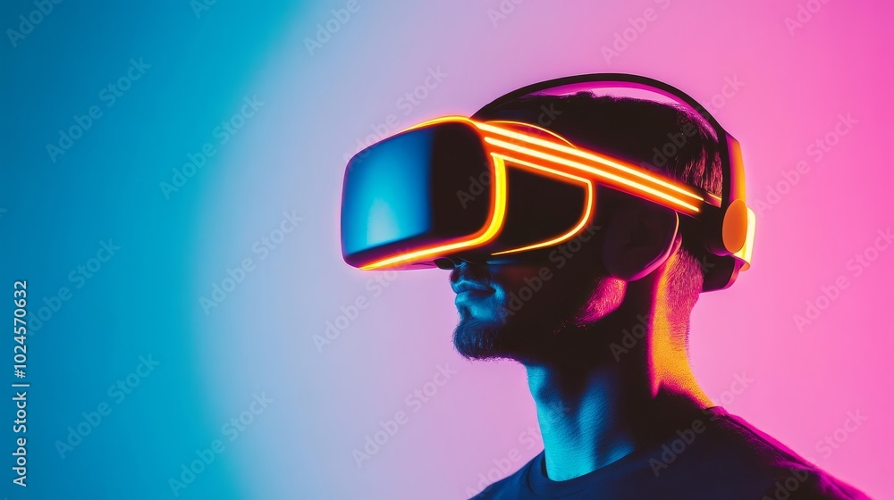 AI-enhanced gaming, virtual reality headset, neon-lit virtual world AI-enhanced gaming, virtual reality headset, neon-lit virtual world