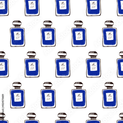 Seamless pattern with line sketches of different bottles for perfume and cologne. FragranceHand drawing vector illustration isolated on white background