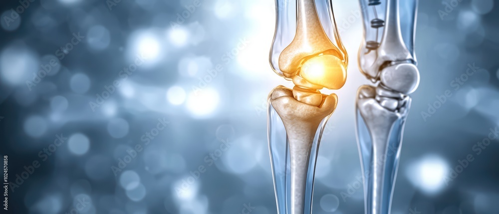 Close-up of a digital representation of a knee joint, highlighting the cartilage and bone structures against a blurred blue background. Close-up of a digital representation of a knee joint, highlighting the cartilage and bone structures against a blurred blue background.