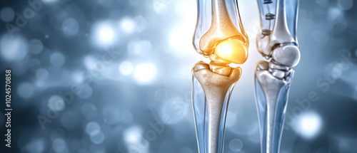 Close-up of a digital representation of a knee joint, highlighting the cartilage and bone structures against a blurred blue background.