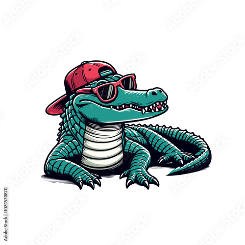 cool Crocodile or alligator in snapback and glasses chiiling isolated vector illustration	