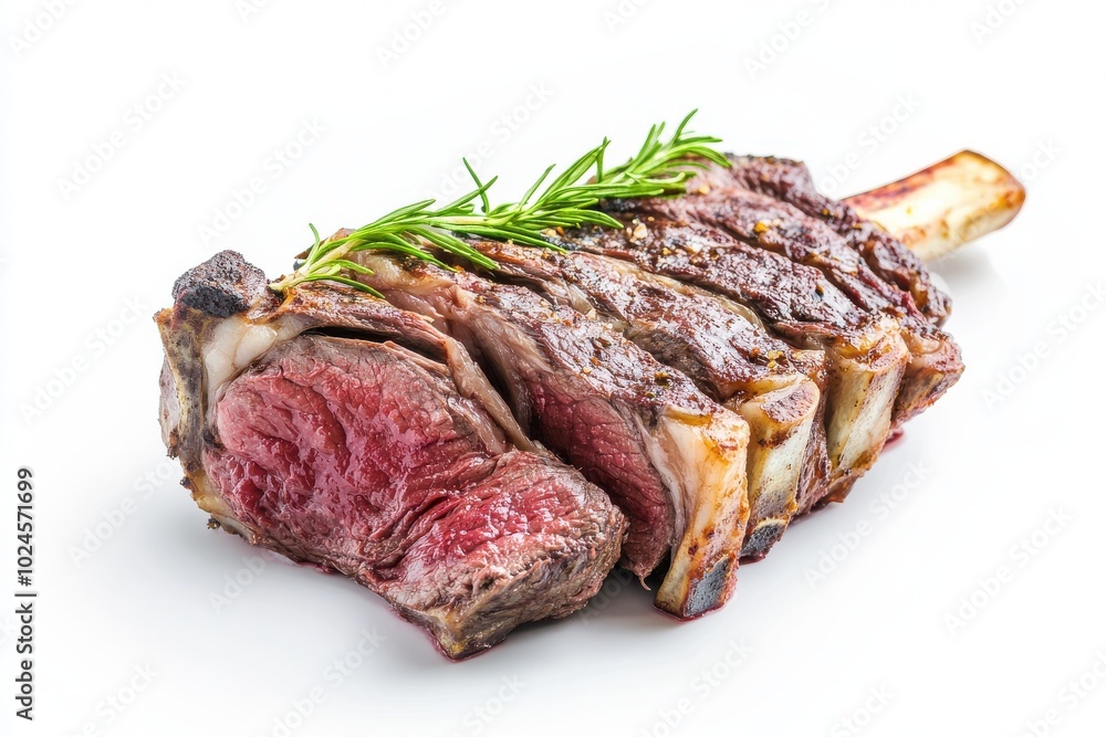 Barbecue sliced rib eye Tomahawk beef on white background Barbecue sliced rib eye Tomahawk beef on white background