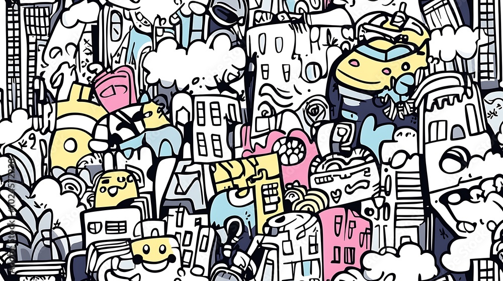 Obraz premium A seamless doodle pattern of a vibrant metropolis, featuring skyscrapers, street performers, bicycles, and taxis, interwoven with pedestrians and streetlights.