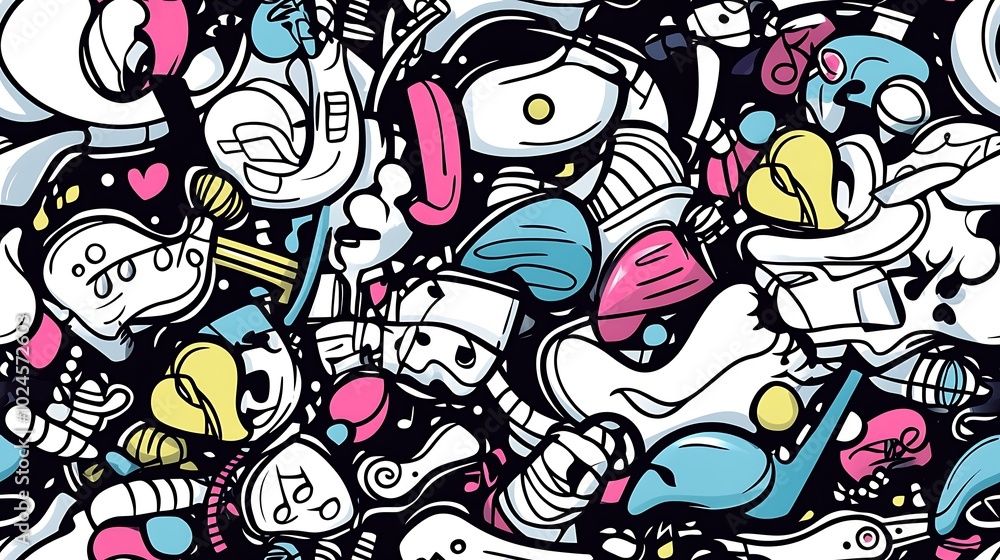 A seamless doodle pattern of a vibrant music festival, featuring electric guitars, drum kits, microphones, and abstract music note motifs in a swirling, energetic layout. A seamless doodle pattern of a vibrant music festival, featuring electric guitars, drum kits, microphones, and abstract music note motifs in a swirling, energetic layout.