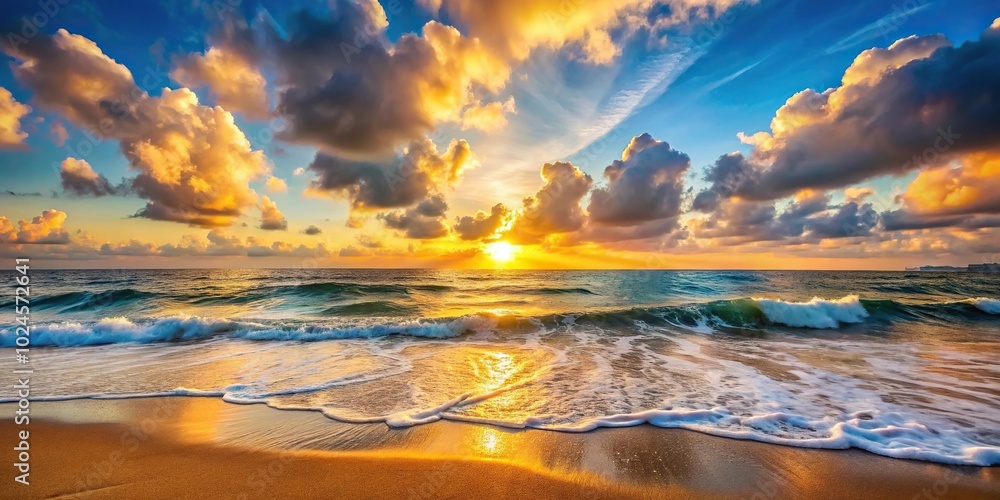 Fototapeta premium Sunrise by the seaside with waves and clouds at eye level