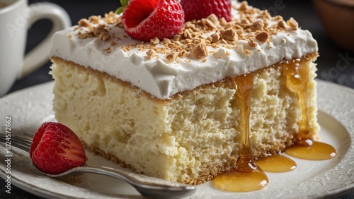 fluffy tres leches cake slice creamy texture sweet pastry dessert food, syrup, delicious, moist, spongy, milk, three, confectionery, bakery, homemade, treat 
 photo