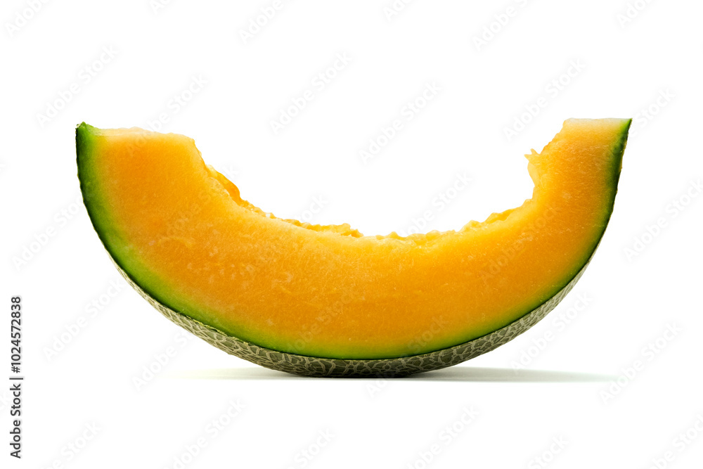 A piece of Japanese melon,honey melon or cantaloupe (Cucumis melo) isolated on white background with clipping path closed up stacking A piece of Japanese melon,honey melon or cantaloupe (Cucumis melo) isolated on white background with clipping path closed up stacking