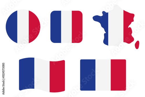France flag symbols set. Blue, white and red colors. Round, square, waving rectangle and french map shape vector banner. Paris symbol.