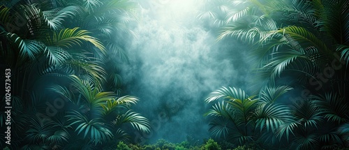 Wall with palm leaves, foggy background, copy space concept. 