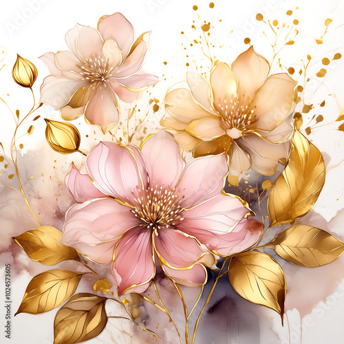 Watercolour pink and gold flowers