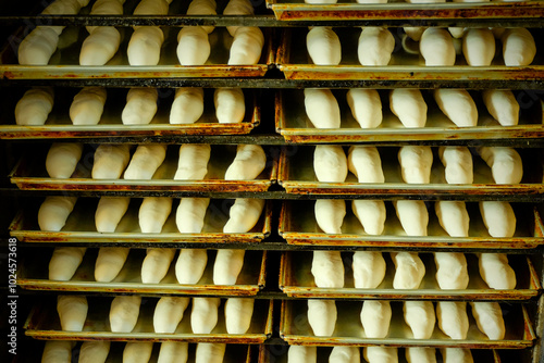 Proofing doughts the final rise of bread dough before baking, in bread proofers and bake in oven, rustic baker in local factory, close up