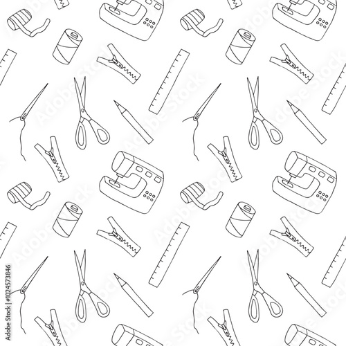 Sewing seamless pattern vector illustration, hand drawing doodles