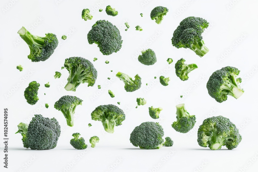 Falling broccoli isolated on white background Falling broccoli isolated on white background