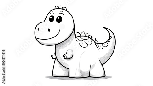 Cute cartoon illustration of a smiling dinosaur standing upright with a friendly expression, outlined in black and white, featuring large eyes and small arms. photo