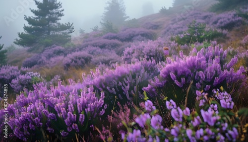 A Misty Landscape of Purple Heather in Bloom