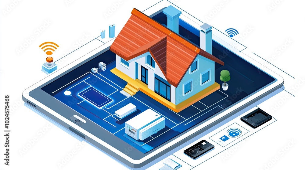 A tablet showing smart home automation icons for energy control, appliance management, and security monitoring. A tablet showing smart home automation icons for energy control, appliance management, and security monitoring.