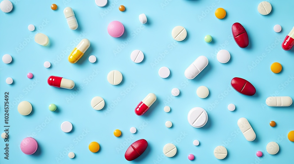 Pills and capsules on blue background. This image showcases a variety of pills and capsules, perfect for medical, pharmacy, or healthcare related content. Pills and capsules on blue background. This image showcases a variety of pills and capsules, perfect for medical, pharmacy, or healthcare related content.