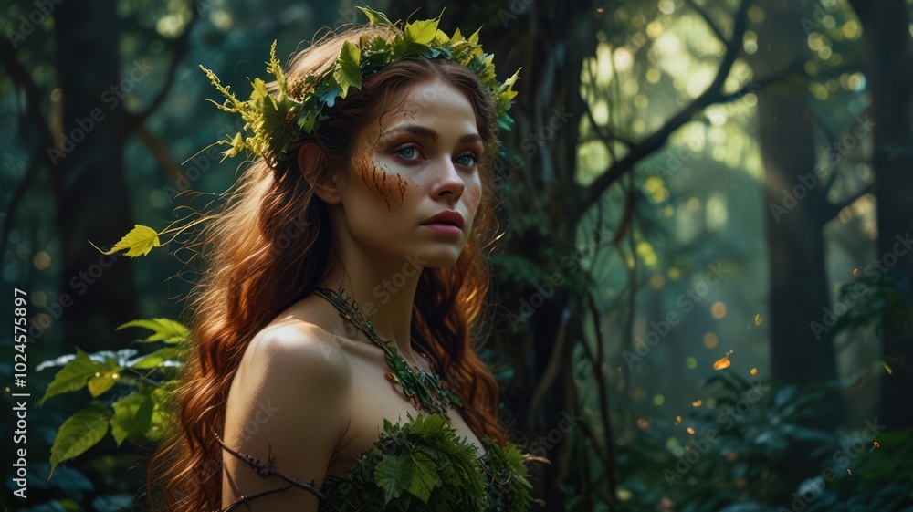A beautiful young woman with long red hair and a leafy crown stands in a mystical forest, sunlight filtering through the trees. A beautiful young woman with long red hair and a leafy crown stands in a mystical forest, sunlight filtering through the trees.