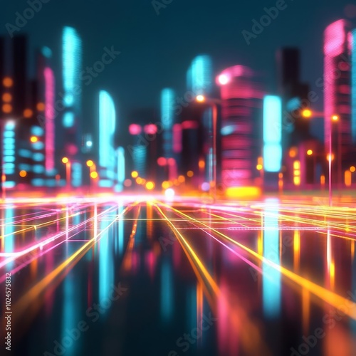 Smart city grid, neon power lines, futuristic urban planning