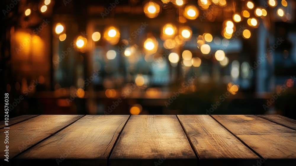 Image of wooden table in front of abstract blurred restaurant lights background Image of wooden table in front of abstract blurred restaurant lights background