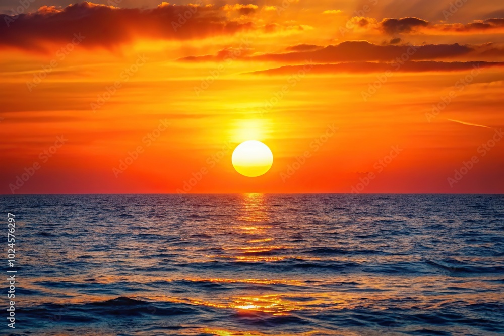 Sunset over ocean with large sun in sky, depth of field Sunset over ocean with large sun in sky, depth of field