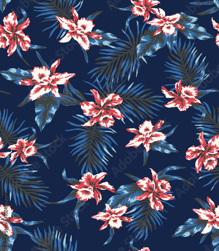 topical flower seamless pattern on navy background.eps
