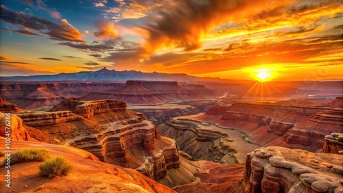 sunset over orange red canyon in desert