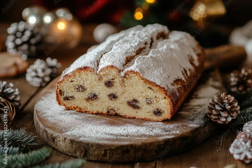 holiday baking tradition, traditional german stollen on a wooden table with festive decorations and powdered sugar holiday baking tradition, traditional german stollen on a wooden table with festive decorations and powdered sugar