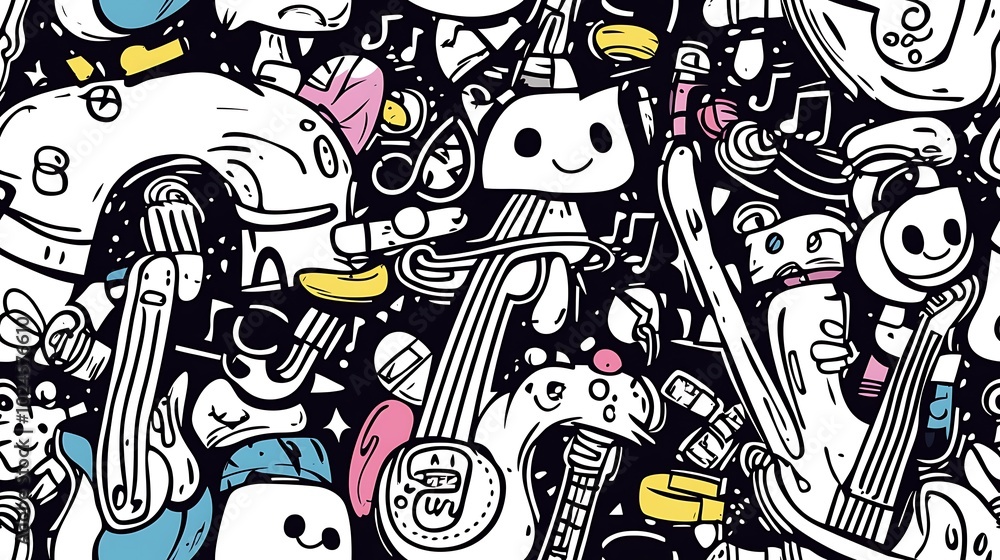 Obraz premium A seamless music festival doodle pattern, showing a mix of instruments like trumpets, bass guitars, and tambourines, with abstract shapes and lighting effects. Light,
