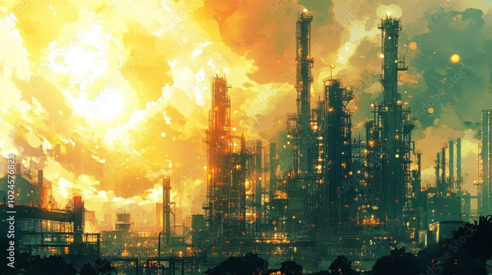 Industrial refinery with towering machinery and crisscrossing pipelines, shining under the sun Industrial refinery with towering machinery and crisscrossing pipelines, shining under the sun