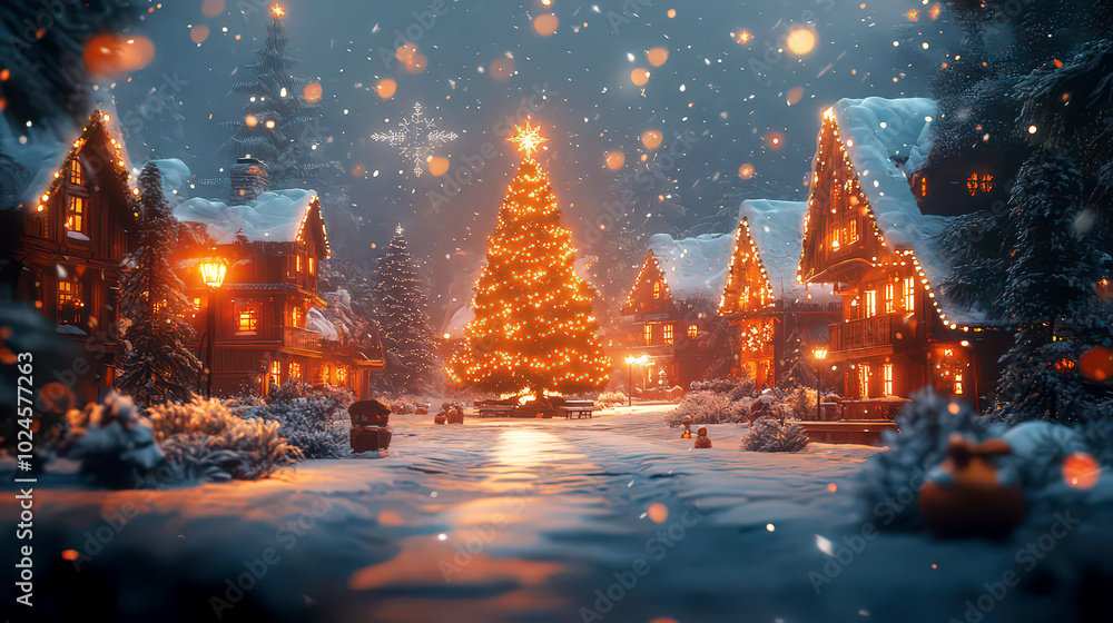 Quiet snowy village with a large illuminated Christmas tree in the center, houses in the background decorated with holiday lights, under a calm night sky Quiet snowy village with a large illuminated Christmas tree in the center, houses in the background decorated with holiday lights, under a calm night sky