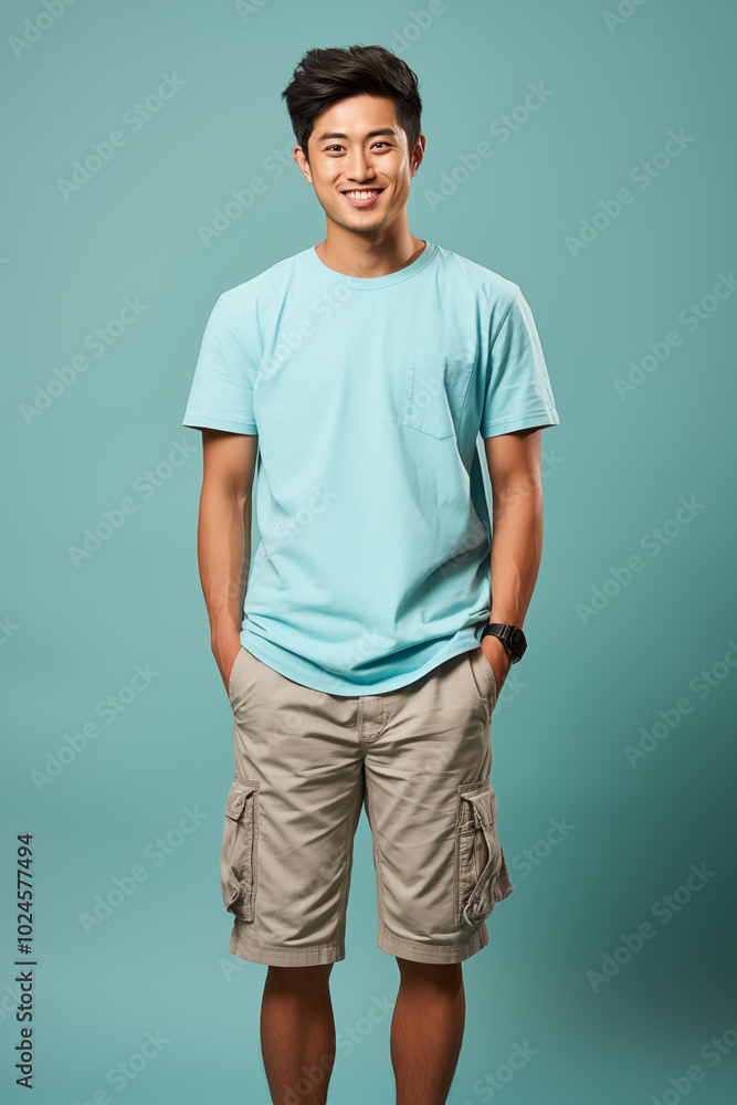 Smiling man in a light blue color casual outfit standing in a studio Smiling man in a light blue color casual outfit standing in a studio