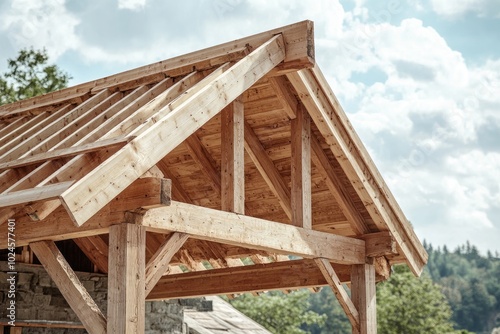 Wooden beams and rafters of a roof. This image can be used for articles about home construction, carpentry, or DIY projects.