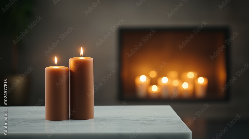 Two lit candles placed on a marble surface with a warm and blurred background, creating a cozy and intimate atmosphere, suitable for romantic or relaxing settings Two lit candles placed on a marble surface with a warm and blurred background, creating a cozy and intimate atmosphere, suitable for romantic or relaxing settings