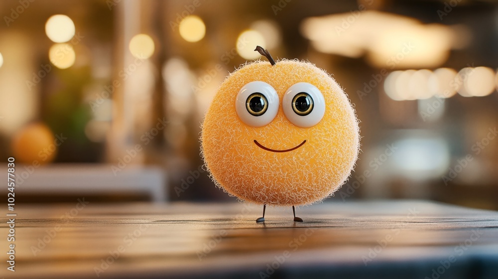 Cute orange fuzzy ball character with large eyes and a smile standing on a wooden surface with blurred bokeh lights in the background. Cute orange fuzzy ball character with large eyes and a smile standing on a wooden surface with blurred bokeh lights in the background.