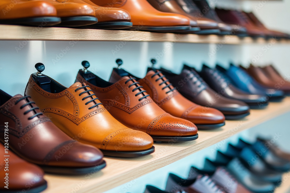 An array of men's dress shoes in various styles and colors is showcased on a well-organized retail shelf, highlighting craftsmanship and fashion trends. An array of men's dress shoes in various styles and colors is showcased on a well-organized retail shelf, highlighting craftsmanship and fashion trends.